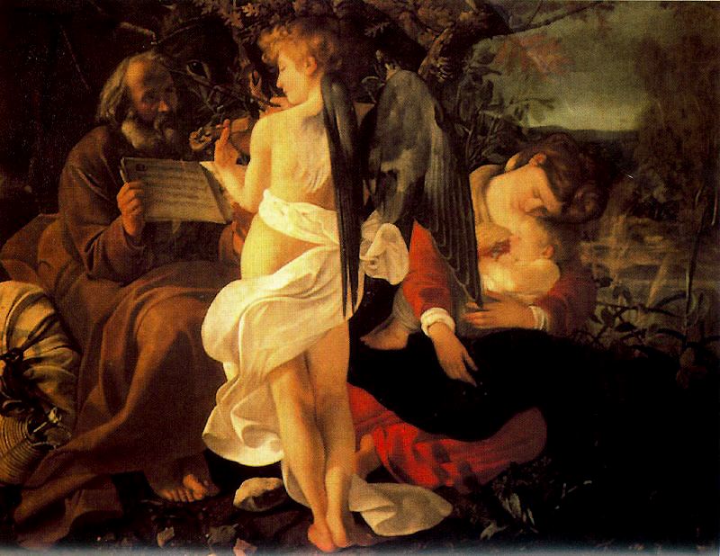 カラヴァッジオ　「エジプトへの逃避途上の休息」　1596-97　　Oil on canvas, 133,5 x 166,5 cm　　ローマ、ドーリア・パンフィーリ美術館